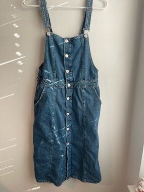Zara Denim Button-Front Midi Overall Dress in Blue